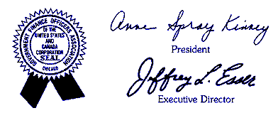 seal of the government finance officers association and signatures of president and executive director