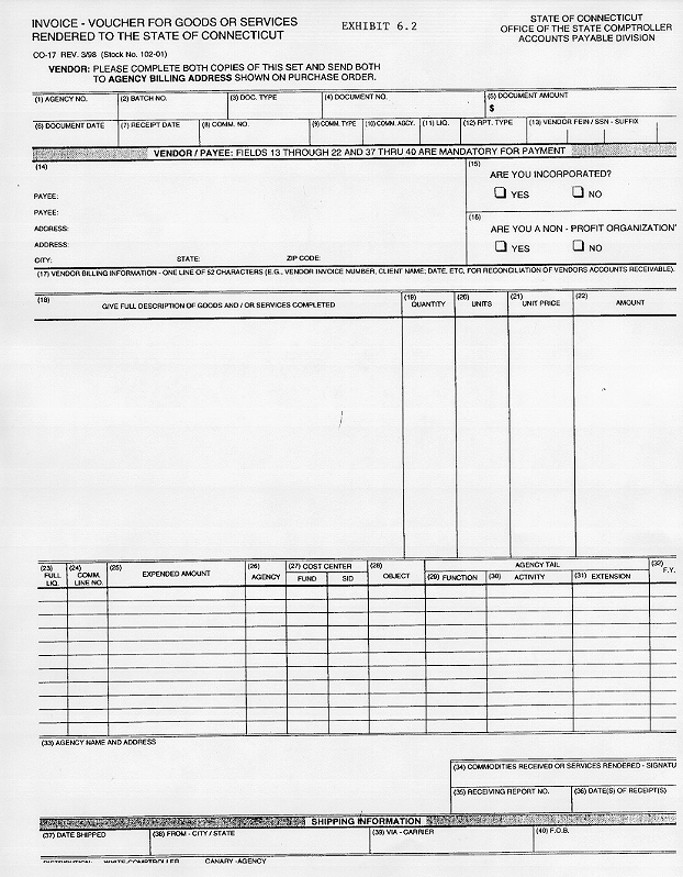 Co17 invoice for goods or services rendered to the State of Connecticut