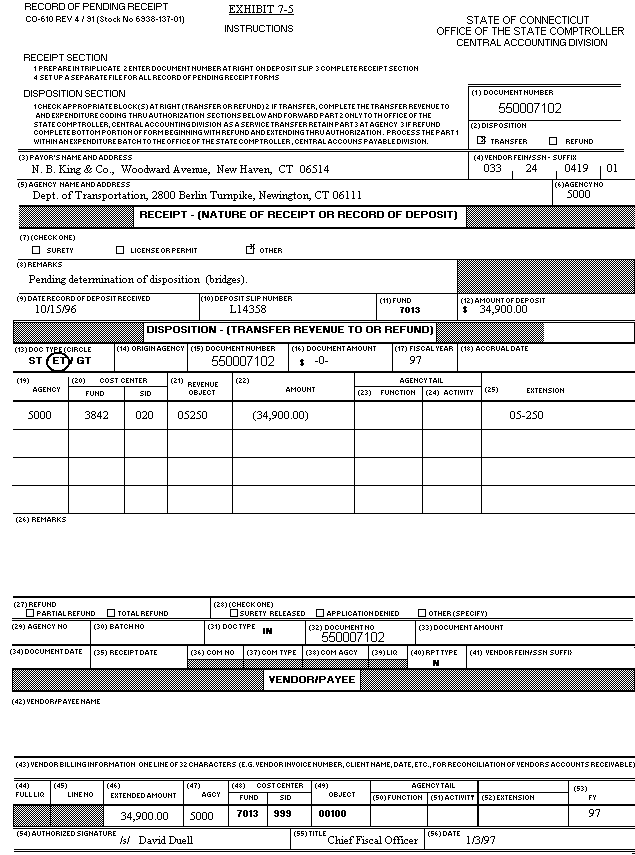 Record of Pending Receipt, CO-610 Transfer Example (Doc Type ET)