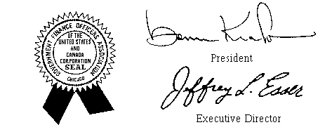  seal of The Government Finance Officers Association with signatures 
of President and Vice President