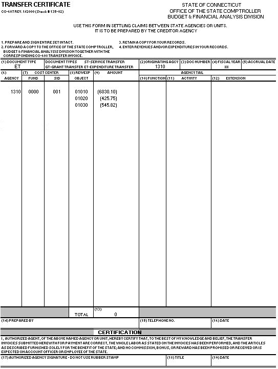 CO-607 -Transfer Certificate