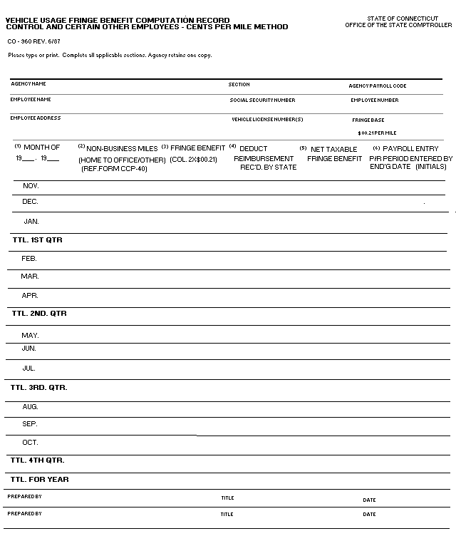 State of Connecticut Payroll Manual - Policy Section - Exhibit - form CO-960 - Cents per Mile Method