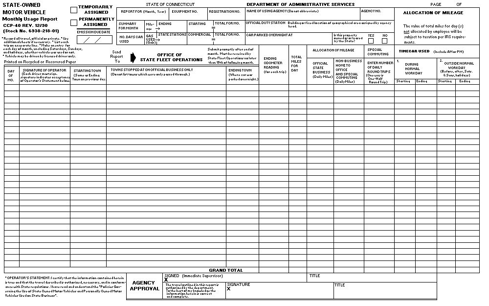  State of Connecticut Payroll Manual - Policy Section - Exhibit - form CCP-40 - State Owned Motor Vehicle Monthly Usage Report