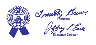 Seal of the government finance officers association of the united states and canada, with president and executive director signatures