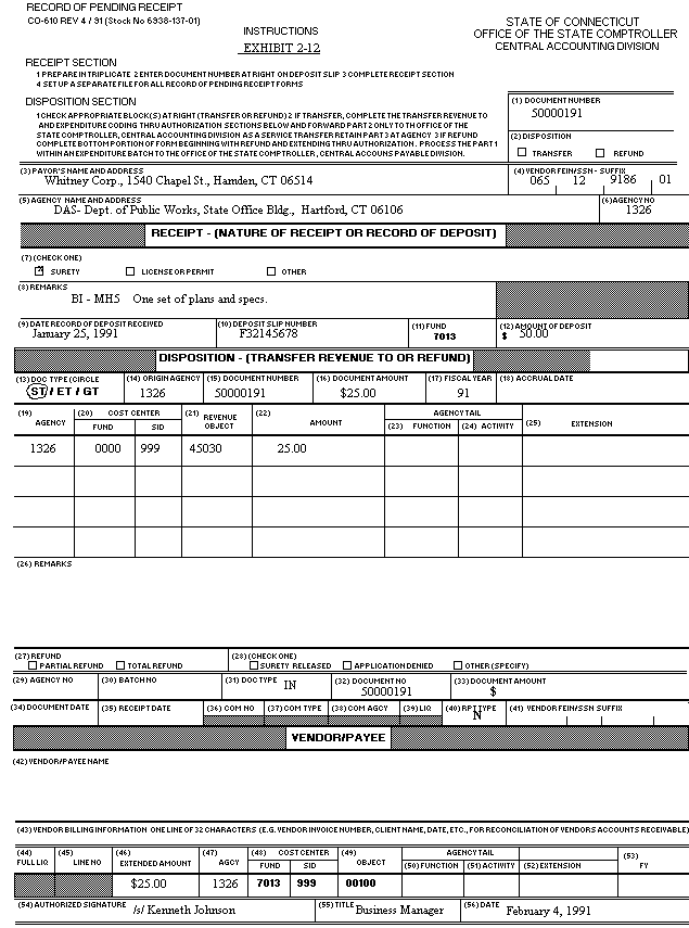 Record of Pending Receipt CO-610 - Transfer Example