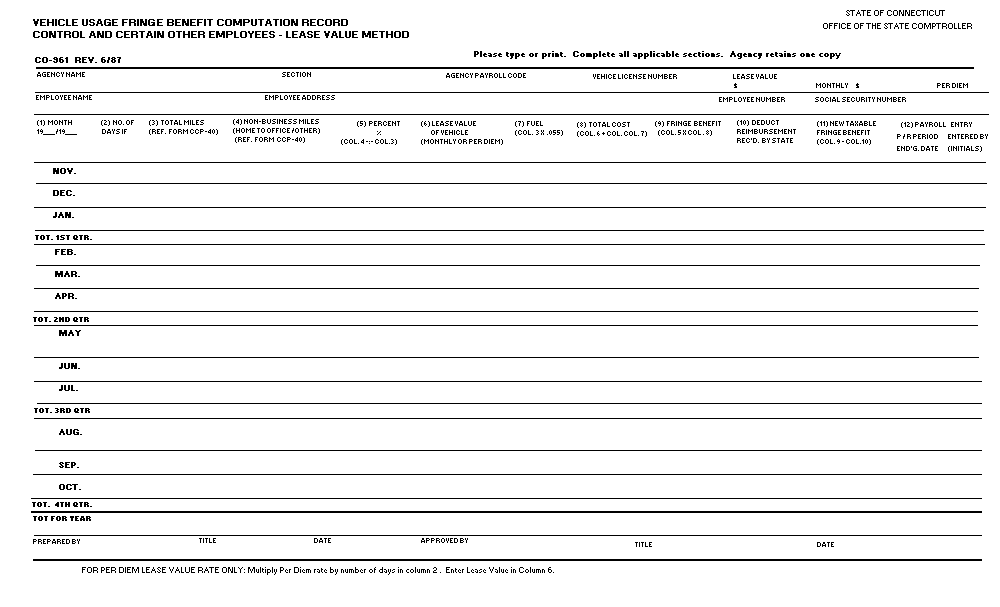 State of Connecticut Payroll Manual - Policy Section - Exhibit - form CO-961 - Lease Value Method