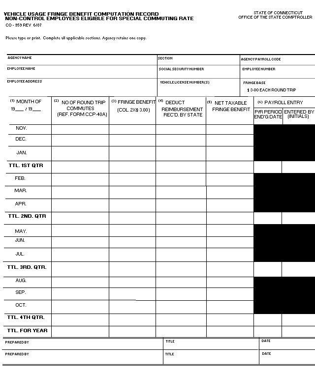 State of Connecticut Payroll Manual - Policy Section - Exhibit - form CO-959 - Non Control Employees Eligible for Special Commuting Rate