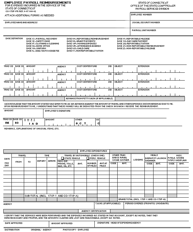 Employee payroll reimbursements form - co-17-PR revised September 1997