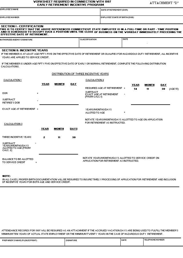 Attachment D - Worksheet required in Connecticut with 1997 Early Retirement Incentive Program